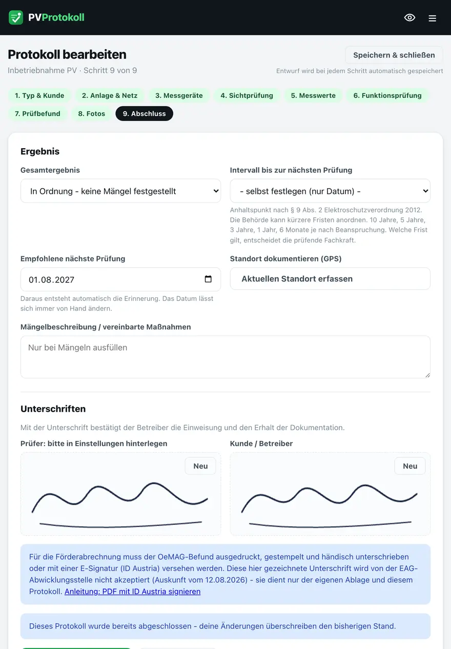 Abschluss-Schritt in PVProtokoll mit Ergebnis, Prüfintervall und Unterschriften am Display