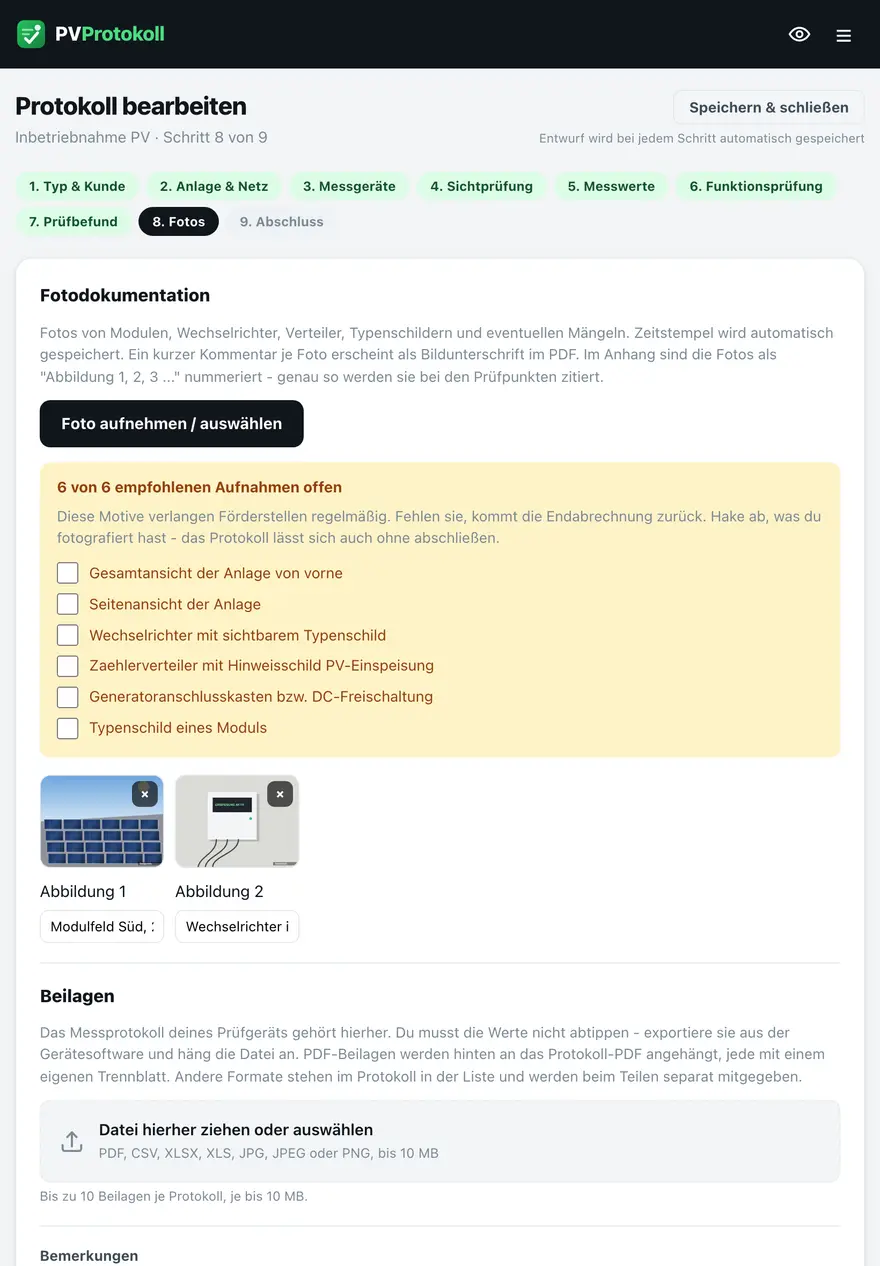 Fotodokumentation in PVProtokoll mit Checkliste der Pflichtmotive und Beilagen-Upload