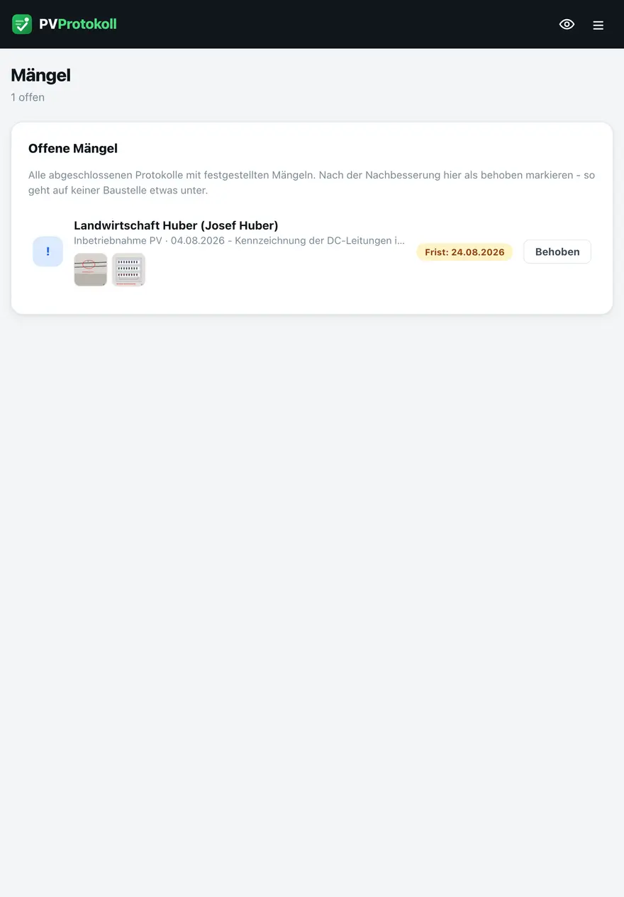 Mängelliste in PVProtokoll mit Foto, Frist und Behoben-Knopf