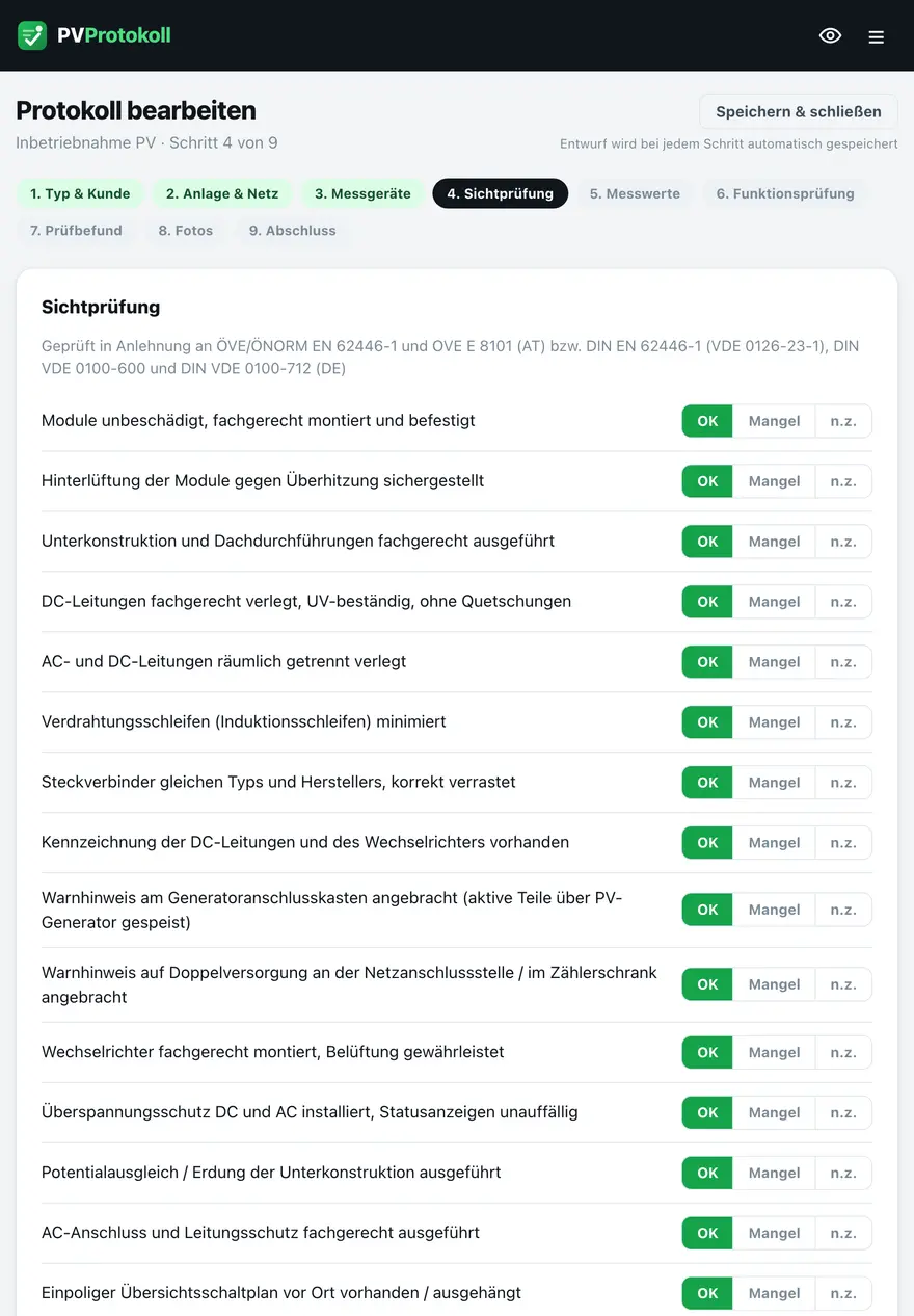 Sichtprüfung in PVProtokoll mit OK, Mangel und nicht zutreffend je Prüfpunkt
