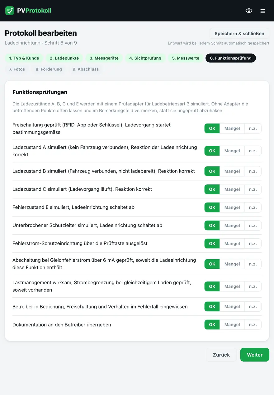 Funktionsprüfungen einer Ladeeinrichtung in PVProtokoll mit den Ladezuständen A, B, C und E